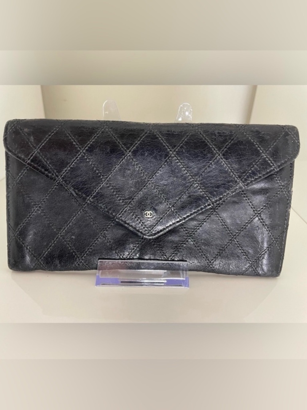 CHANEL Bicolore Lambskin Matelasse Long Envelope Wallet Leather Black Vintage - Picture 1 of 12